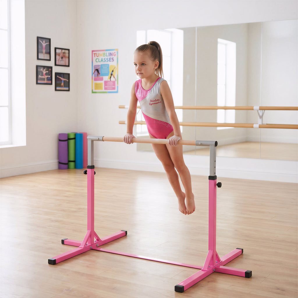 Barre Fixe de Gymnastique pour Enfant, Hauteur Réglable sur 13 Niveaux de 92-150 cm, en Acier et Bois de Hêtre, Barre de Gym d'Entraînement à Domicile, Antidérapant, Facile à Assembler, Rose-1