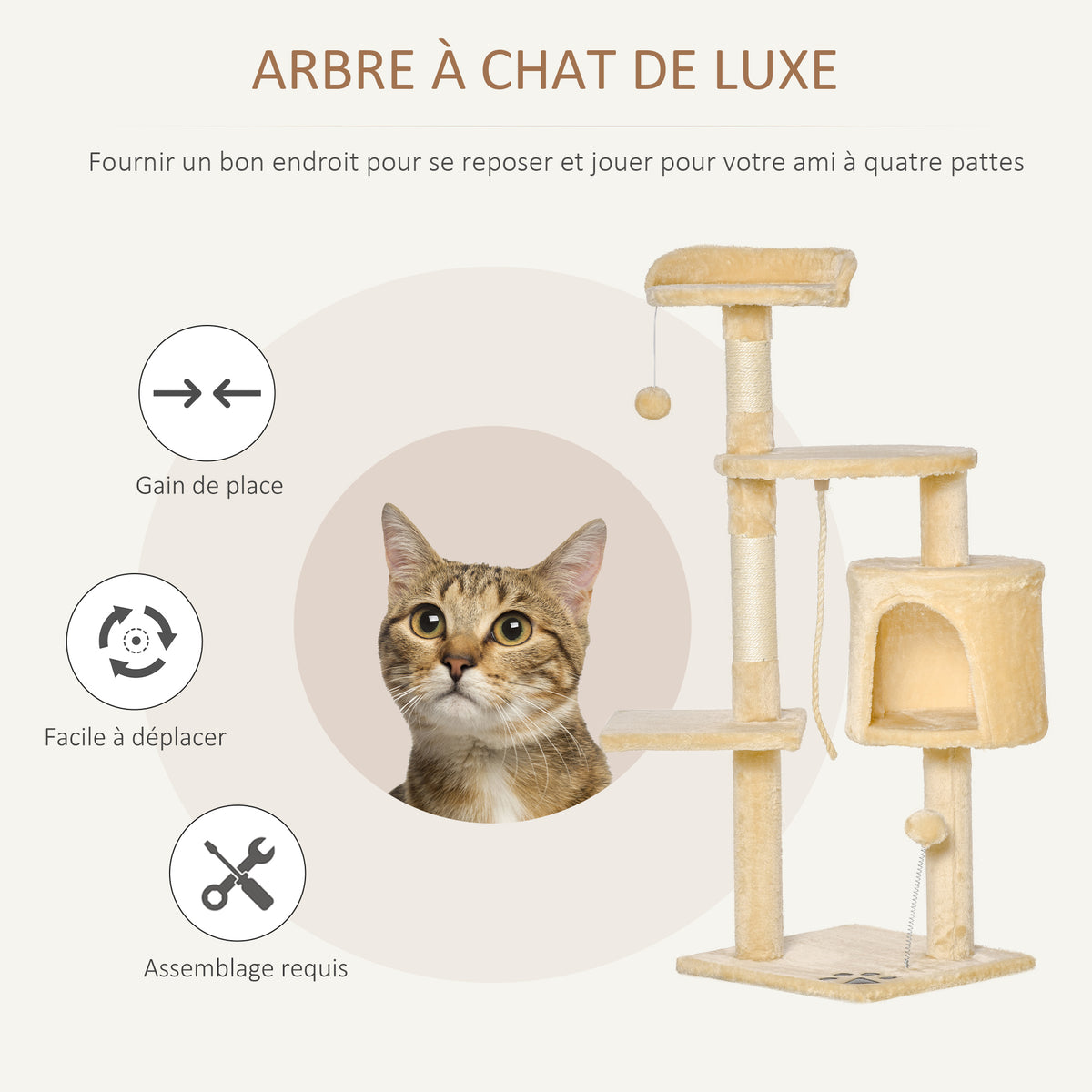Arbre à chats multi-équipements griffoirs grattoirs plateformes niche corde jouets 40L x 40l x 114H cm beige-3