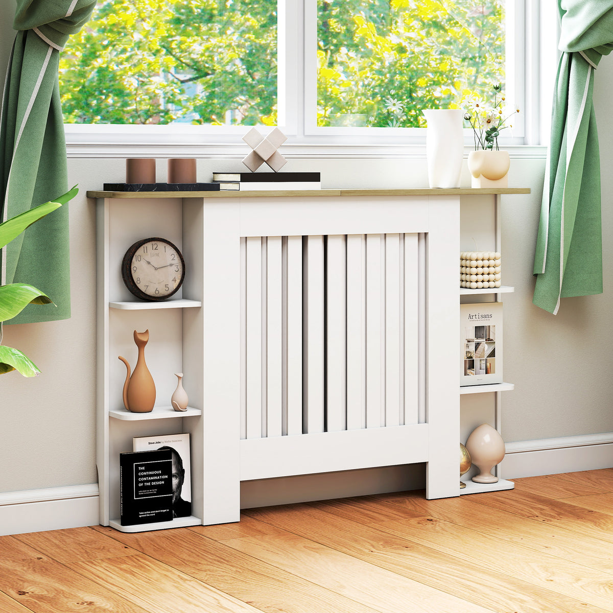 Cache-radiateur avec étagères de rangement ouvertes, couvercle de radiateur en bois à lattes, 124x19x83cm, blanc-8