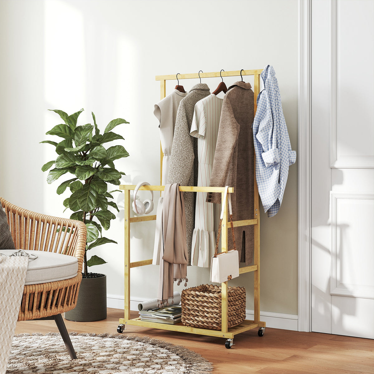 Portant à vêtements à roulettes, porte-manteau double barre en bambou avec étagère inférieure, 80x40x160cm, bois naturel-1