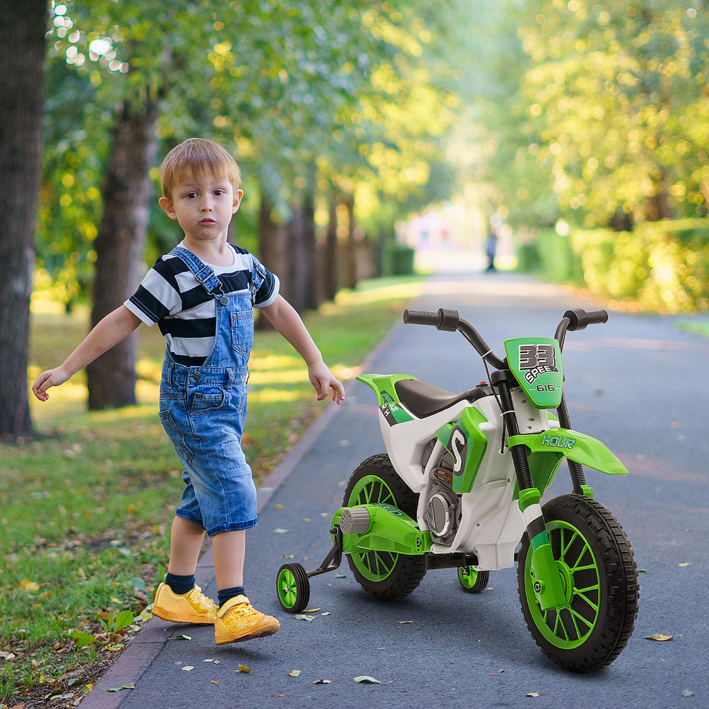 Moto Cross électrique pour Enfant 3 à 5 Ans 12 V 3-8 Km/h avec roulettes latérales Amovibles dim. 106,5L x 51,5l x 68H cm Vert-9