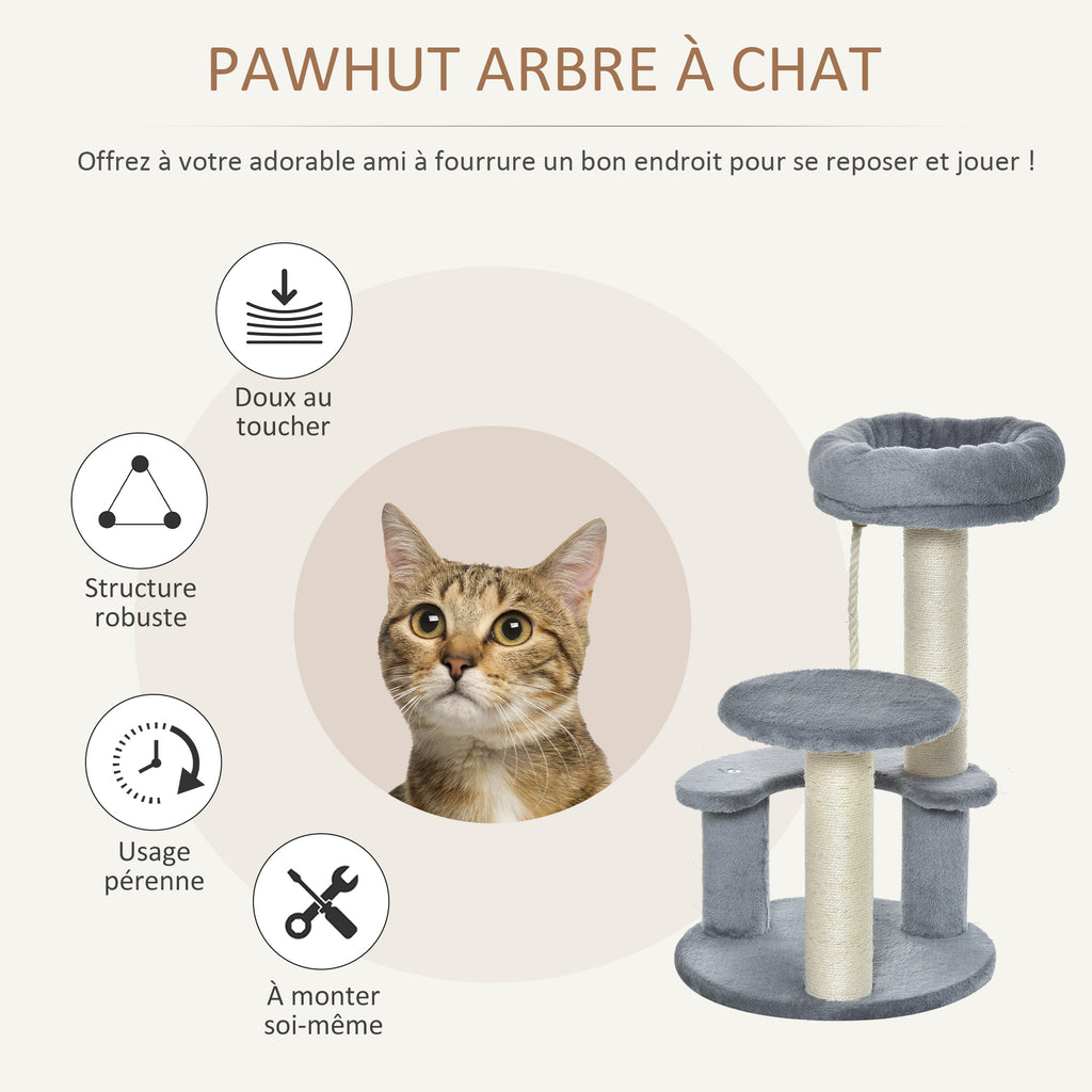 Arbre à chats 2 griffoirs grattoirs sisal naturel 3 plateformes corde à grimper dim. Ø 40 x 65H cm peluche haute densité 500 g/m² gris-3