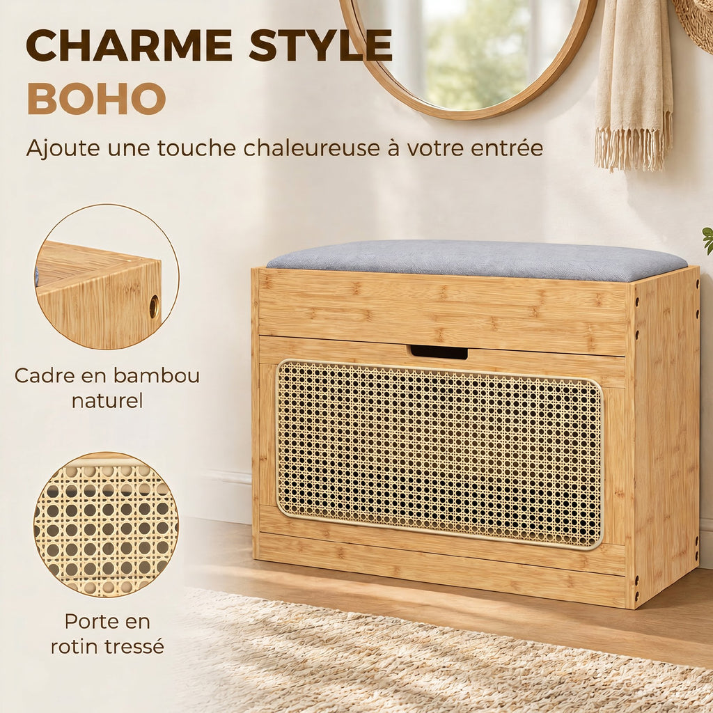 Banc chaussures entrée, banc de rangement en bambou, assise rembourrée, porte en rotin et étagère réglable, bois naturel-3