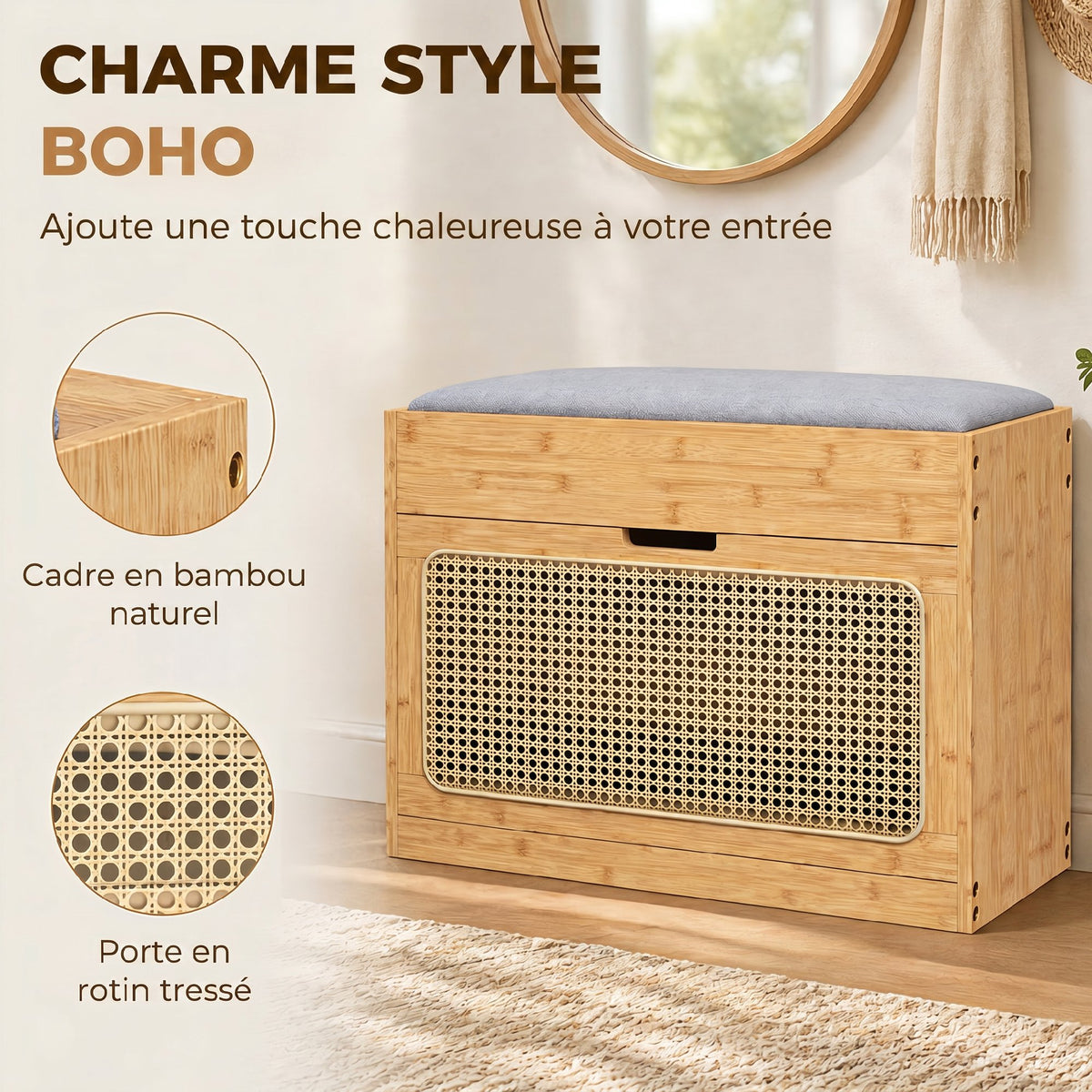 Banc chaussures entrée, banc de rangement en bambou, assise rembourrée, porte en rotin et étagère réglable, bois naturel-3