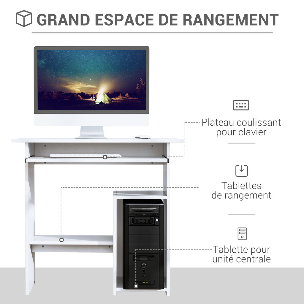 Bureau d'ordinateur, bureau avec rangement, plateau pour clavier et support de moniteur, 80 x 45 x 75 cm, blanc-3