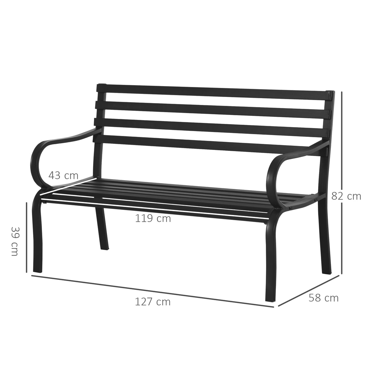 Banc de Jardin Design Contemporain 2 Places dim. 127L x 58l x 82H cm métal époxy Noir-2
