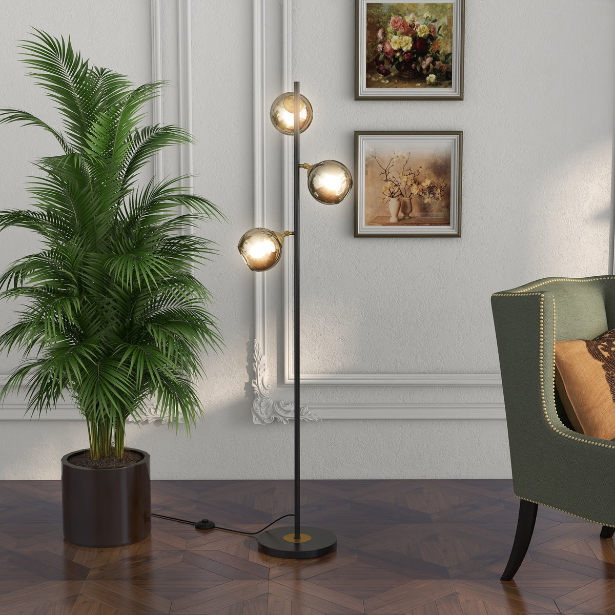 Lampadaire sur pied salon en métal avec 3 abat-jours globe métal chromé 40W Ø 36 x 162H cm noir et gris-9