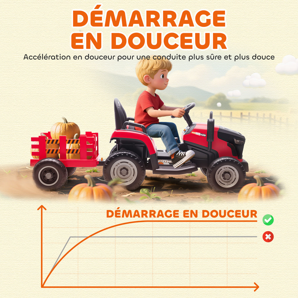 Tracteur électrique enfants avec remorque amovible, voiture électrique enfants, télécommande 2,4G, 139x58x55cm, rouge-6