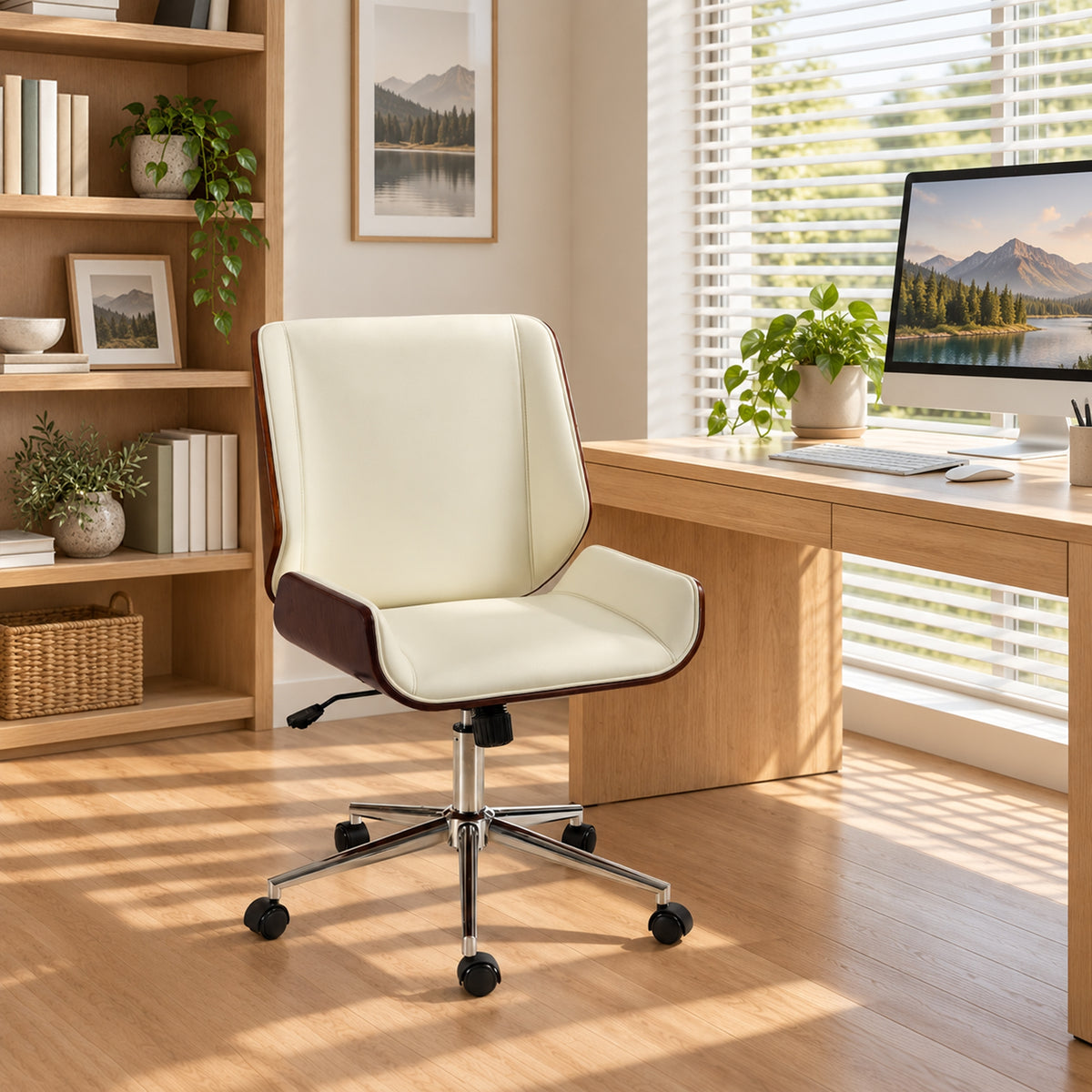Chaise de Bureau Design Vintage, Hauteur Réglable, Pivotant 360°, Piètement Chromé, 53 x 60 x 86-96 cm, Crème-1