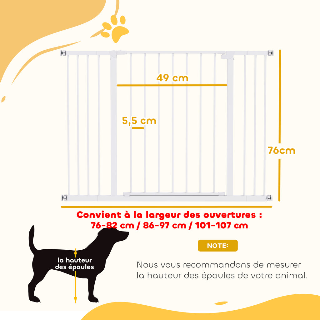 Barrière de Sécurité Chien Réglable 76-107 cm, avec 2 Rallonges (10/15 cm), Ouverture d'une Main, sans Perçage, Blanc-2