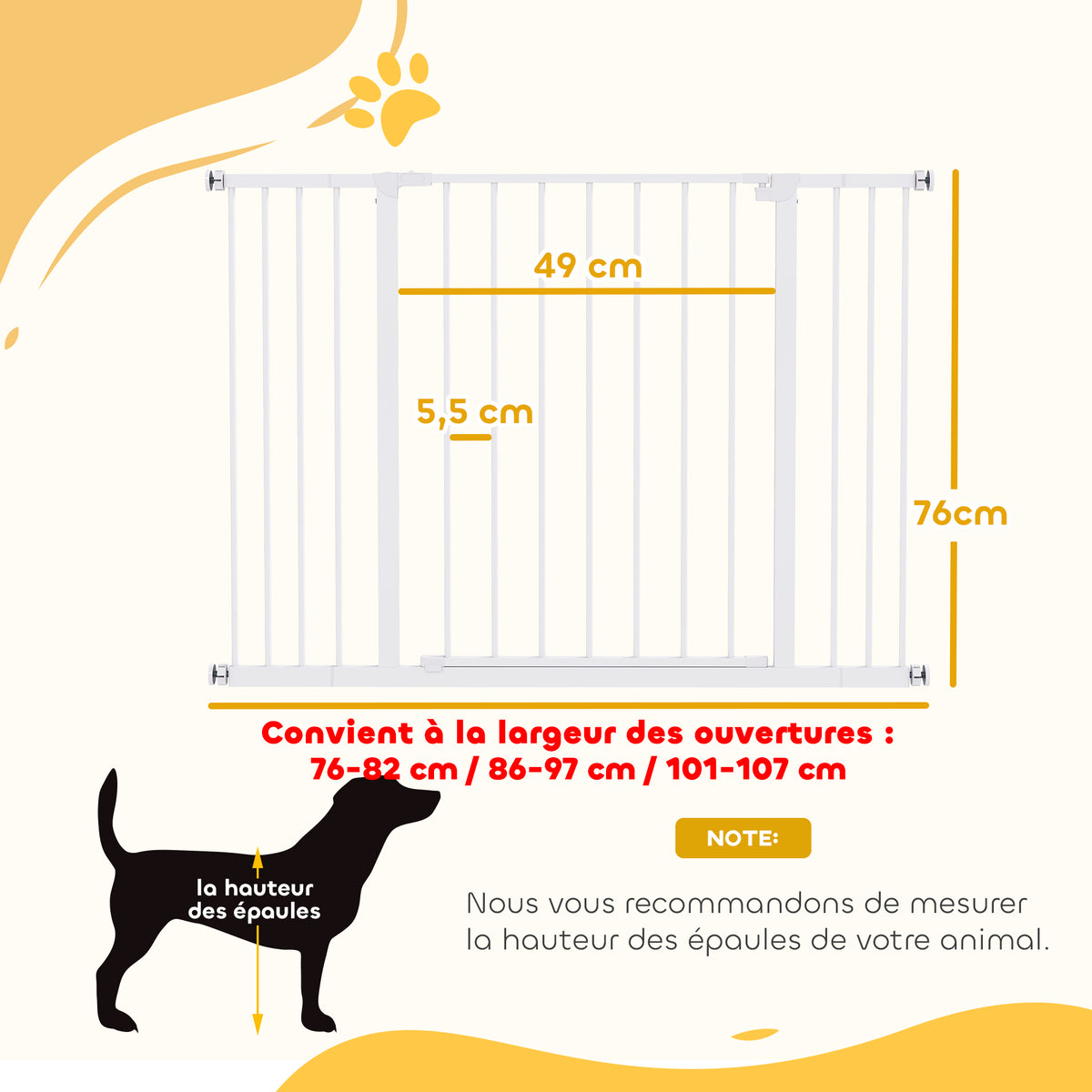 Barrière de Sécurité Chien Réglable 76-107 cm, avec 2 Rallonges (10/15 cm), Ouverture d'une Main, sans Perçage, Blanc-2