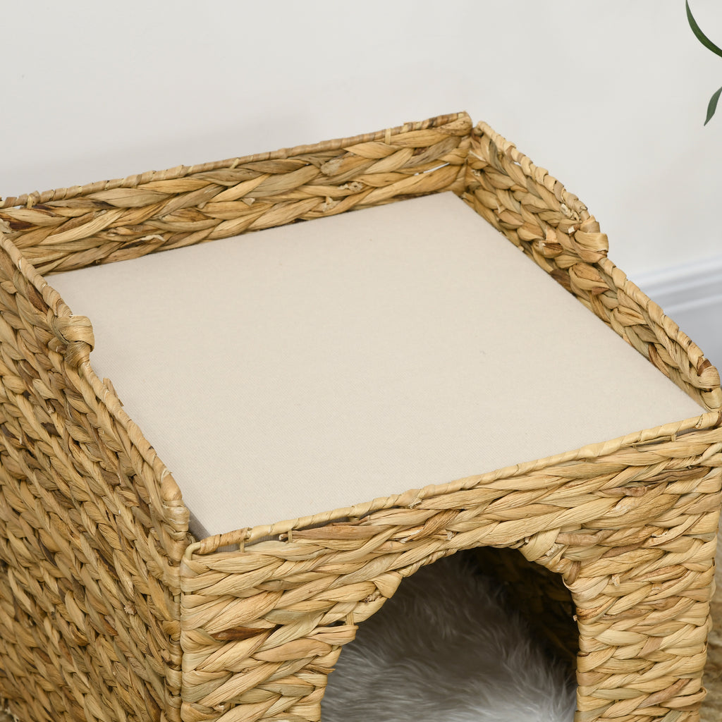 Niche pour chat 2 niveaux avec 2 coussins en jacinthe d'eau - 37,5 x 37,5 x 41,5 cm marron crème-8