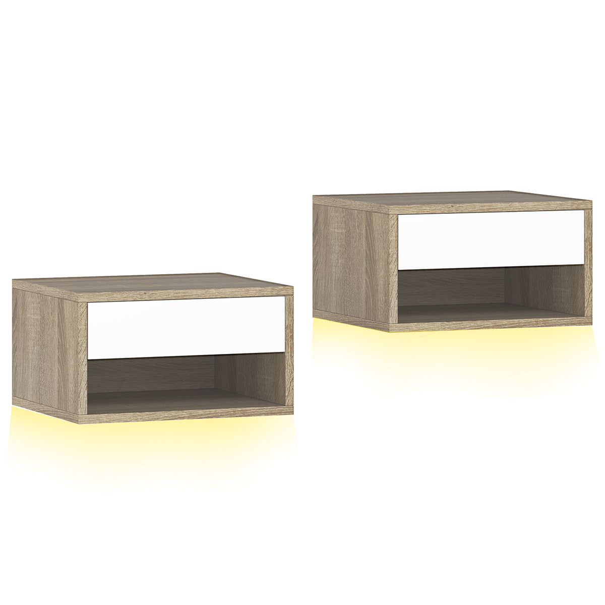 Lot de 2 tables de chevet suspendues avec éclairage LED RGB contrôle par application, étagère, tiroir, 37x32x21cm, teck-0