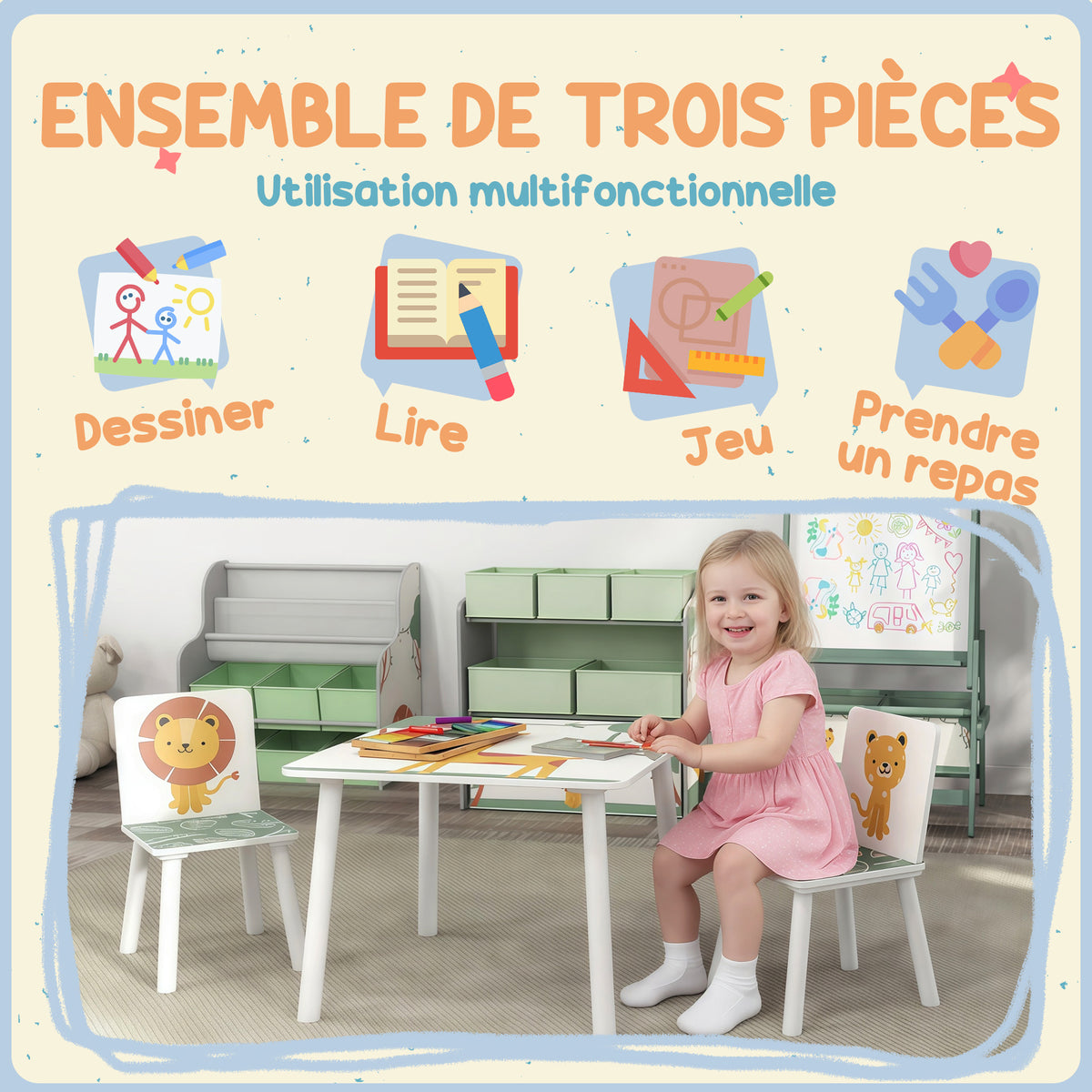 Table enfant avec chaise, ensemble table et 2 chaises enfant en bois, motifs animaux, 60 x 60 x 44 cm, vert-3
