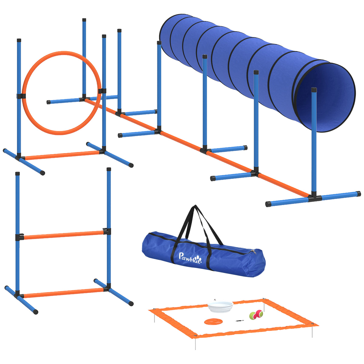 Ensemble d'Agilité pour Chien 8 Pièces avec Tunnel, Slaloms, Sauts Ajustables, Sac de Transport, 350x68x70cm, Orange-0
