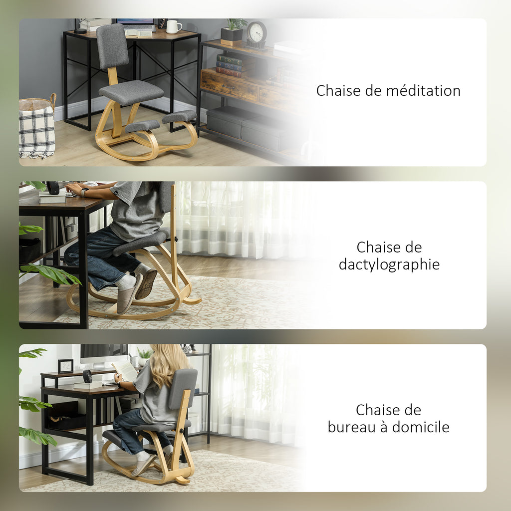Siège assis genoux, siège ergonomique en bois à bascule avec dossier, chaise à genoux pour bureau à domicile, gris-6