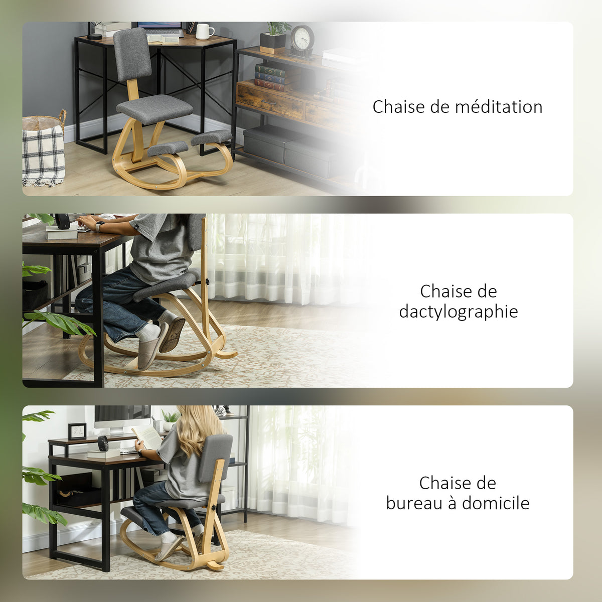 Siège assis genoux, siège ergonomique en bois à bascule avec dossier, chaise à genoux pour bureau à domicile, gris-6