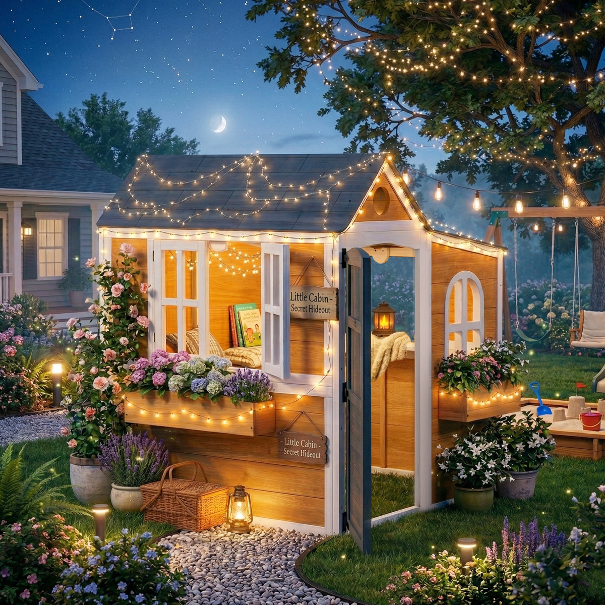 Cabane enfant extérieur en bois, maison enfant extérieure/intérieure avec porte, fenêtres, 3 bacs à fleurs, jaune-8