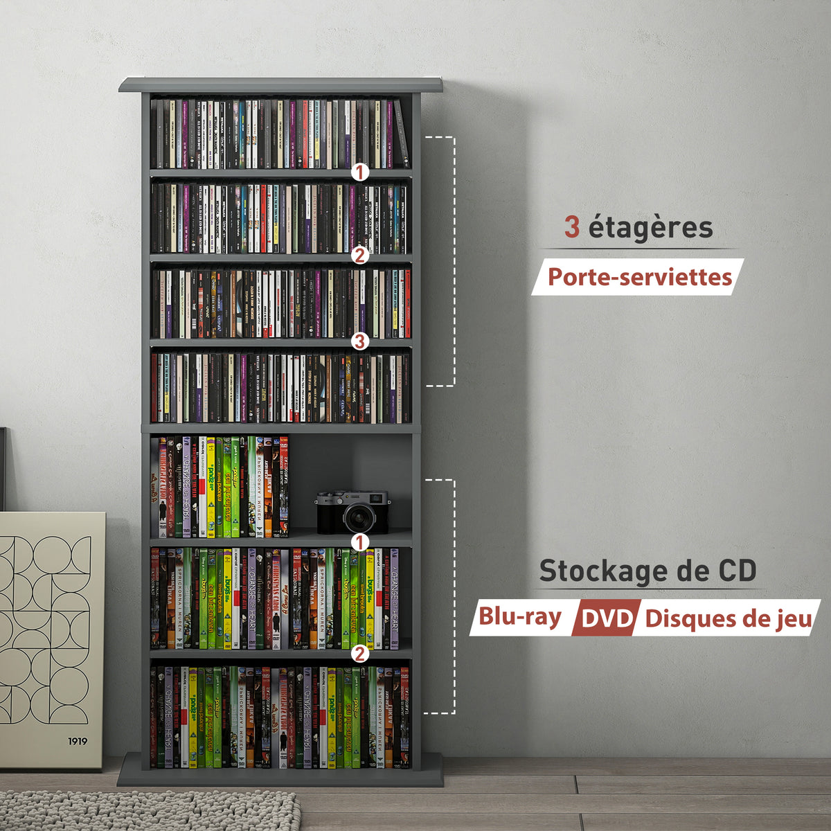 Rangements pour CD et DVD avec 8 compartiments et 6 étagères réglables, capacité max. 360 CD/185 DVD et Blu-ray, gris-7