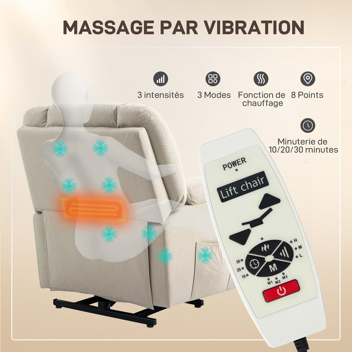 Fauteuil releveur électrique avec fonction massage et chauffage avec dossier inclinable, ports USB, télécommande, beige-4