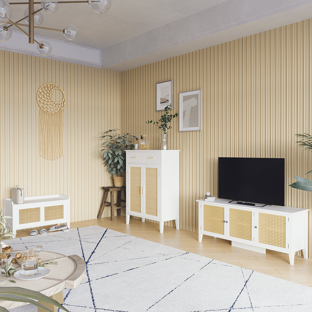 Banc à chaussures meuble de rangement avec porte coulissante et façades rotin tissé 80 x 35 x 45 cm blanc-1