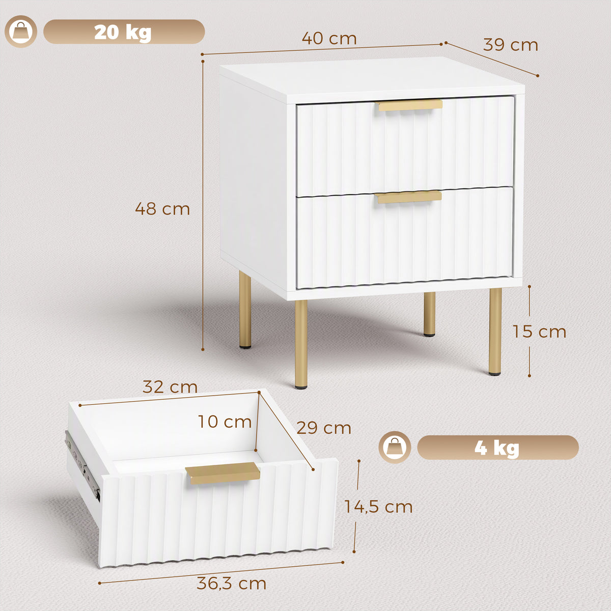 Table de chevet, table de nuit cannelée avec 2 tiroirs et pieds en acier, pour chambre à coucher, salon, blanc-2