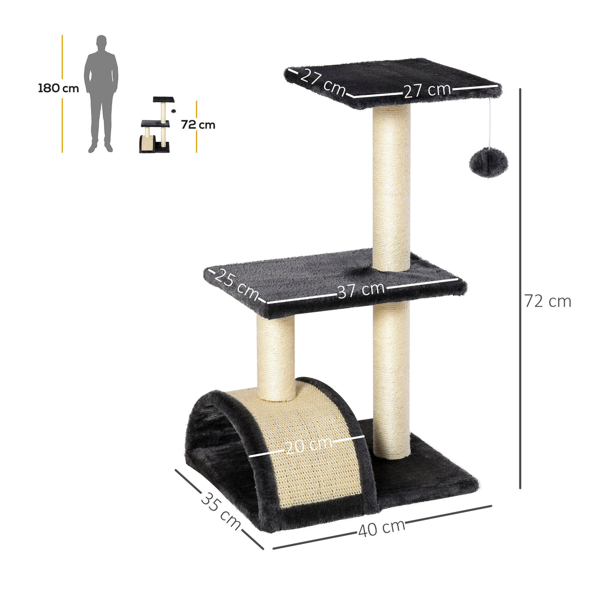 Arbre à chat arbre à grimper griffoir pour chat hauteur 72 cm balle suspendue gris foncé-2