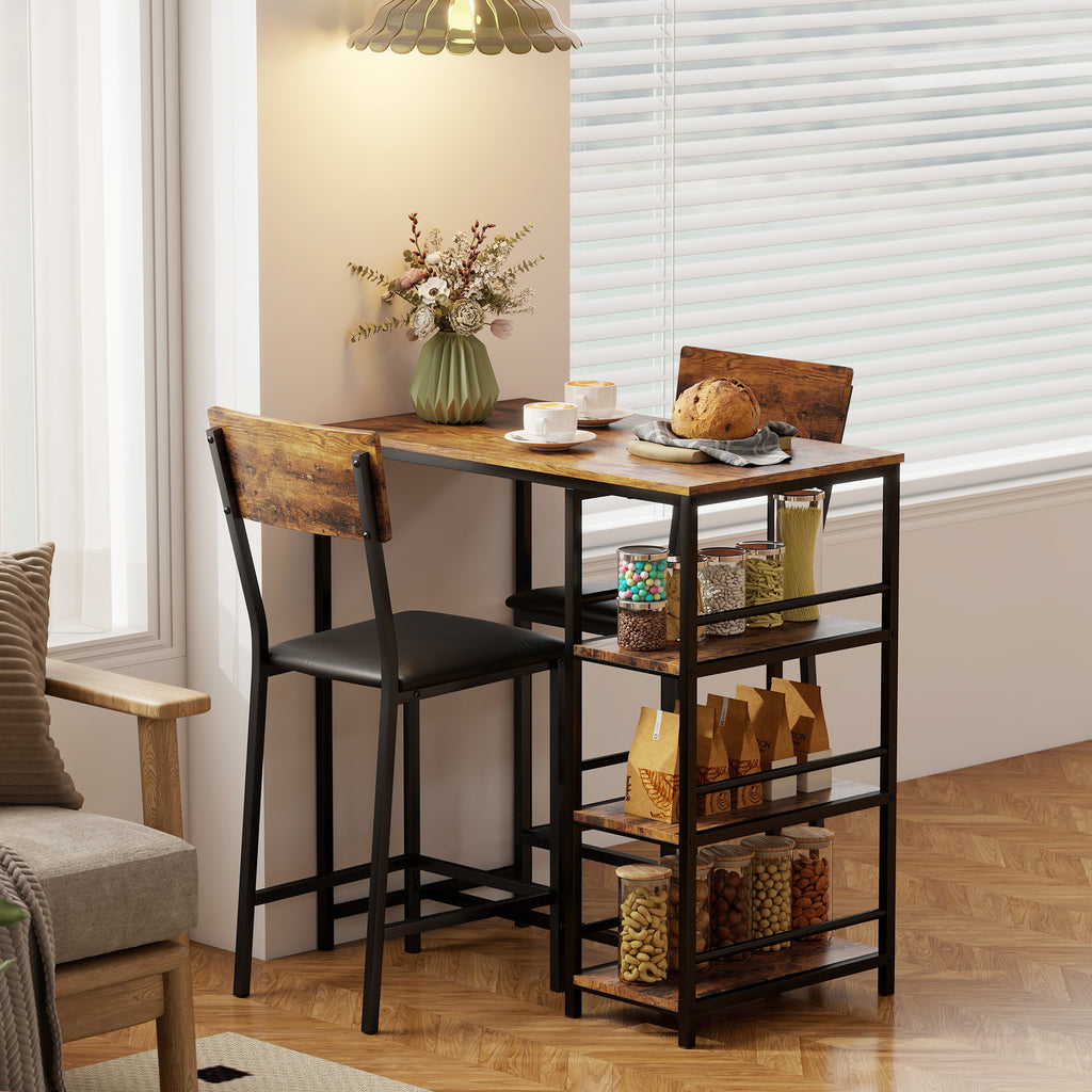 Ensemble Table de Bar avec 2 Tabourets, Table Haute de Cuisine et 2 Chaises de Bar Rembourrées PU, Brun Rustique-7