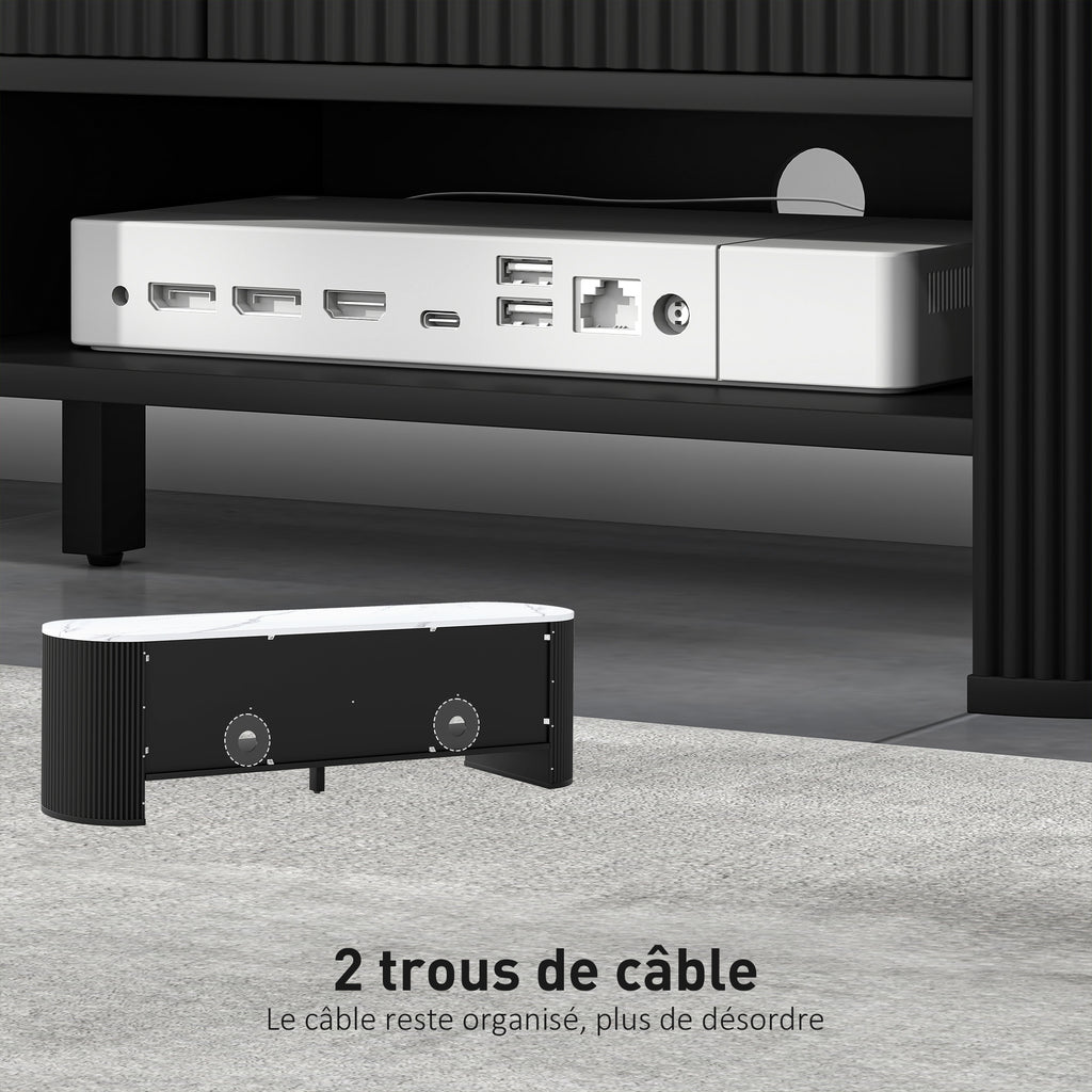 Meuble TV 140 cm, meuble télé pour téléviseur 65 pouces effet marbre avec 3 tiroirs façades à cannelures 2 étagères noir-5