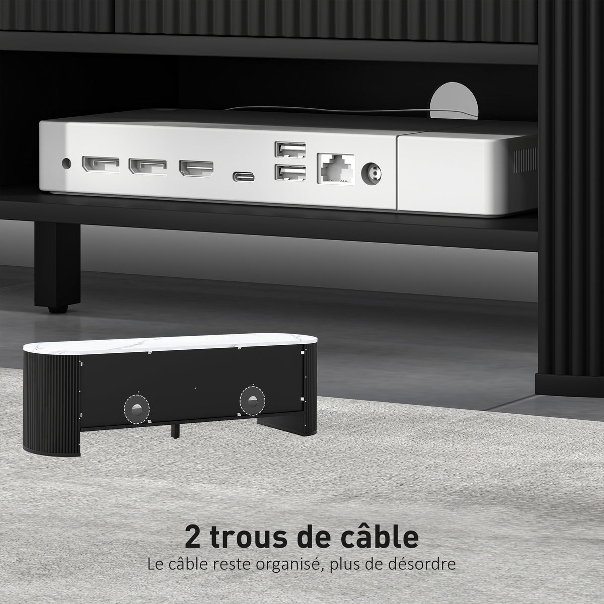 Meuble TV 140 cm, meuble télé pour téléviseur 65 pouces effet marbre avec 3 tiroirs façades à cannelures 2 étagères noir-5