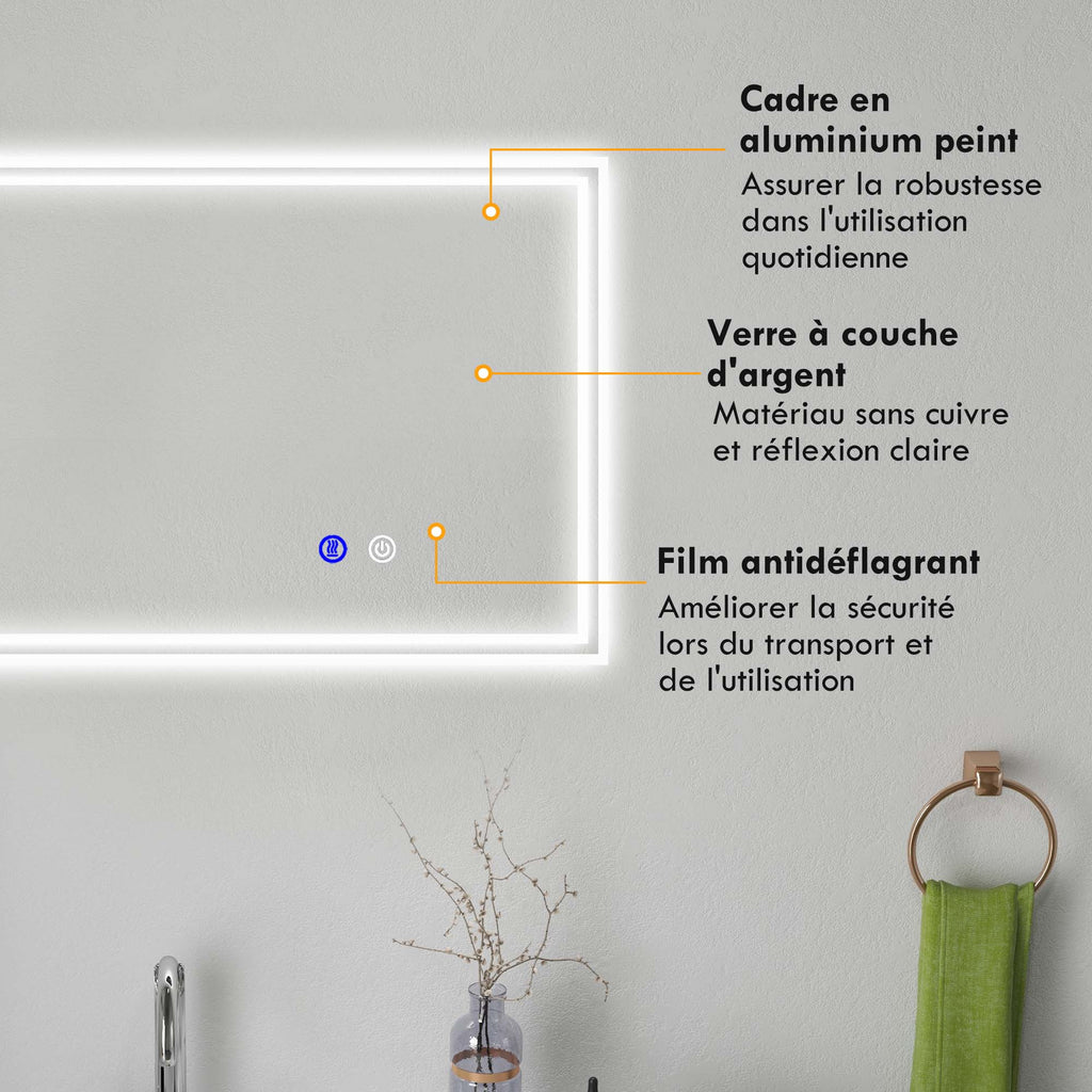 Miroir de salle de bain rectangulaire mural lumineux LED horizontal ou vertical, 100 x 60 cm-6