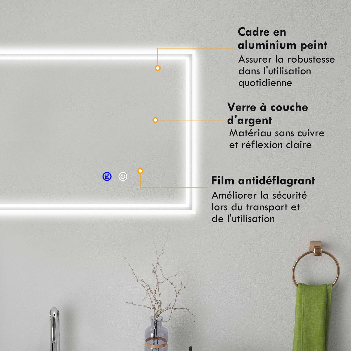 Miroir de salle de bain rectangulaire mural lumineux LED horizontal ou vertical, 100 x 60 cm-6