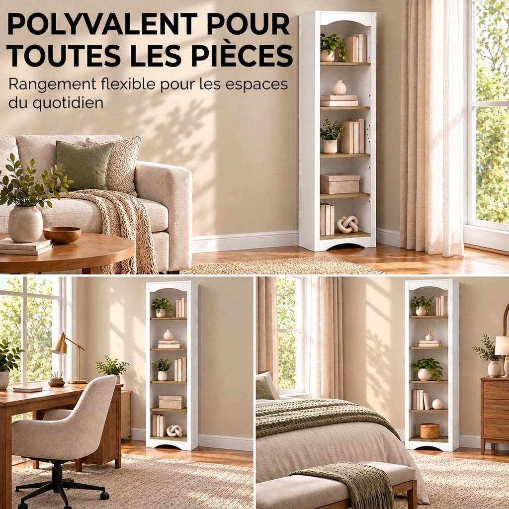 Bibliothèque Arquée 5 Niveaux, Étagère à Livres, Meuble de Rangement, Étagères Réglables, 50x30x183cm, Blanc et Chêne-5