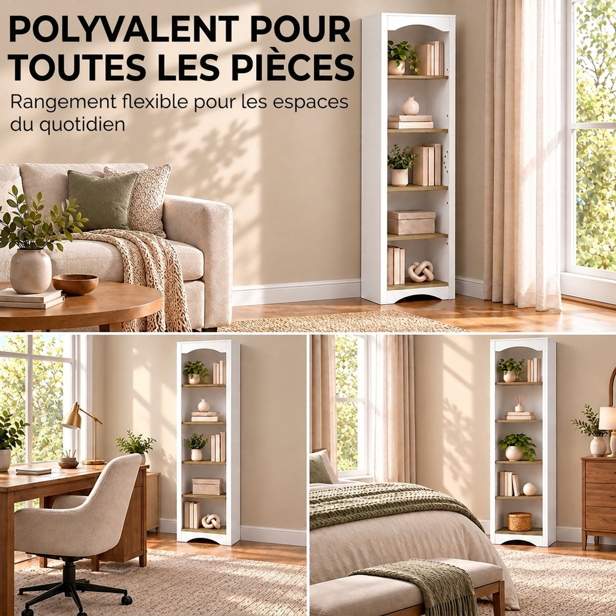 Bibliothèque Arquée 5 Niveaux, Étagère à Livres, Meuble de Rangement, Étagères Réglables, 50x30x183cm, Blanc et Chêne-5