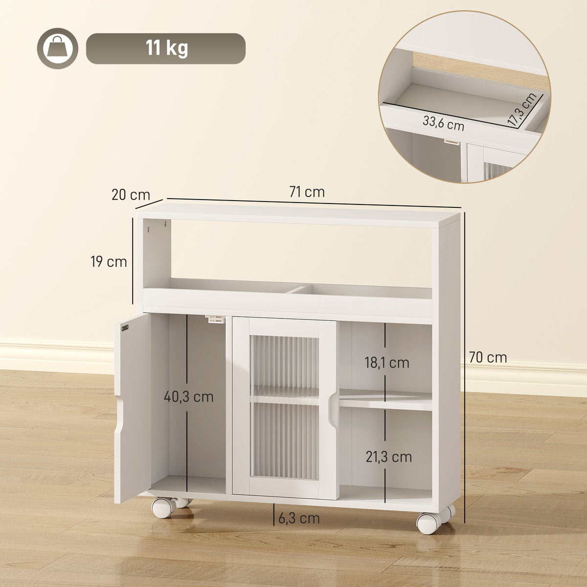 Meuble de Salle de Bain sur Roulettes, Portes en Verre Trempé, Compartiment Ouvert, Étagère Réglable, 71x20x70cm, Blanc-2