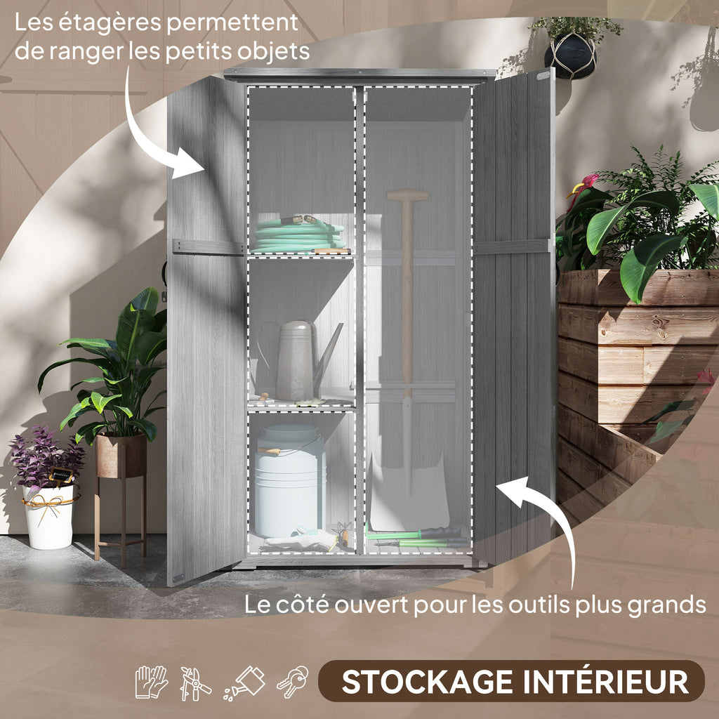 Armoire de jardin, abri jardin sur pied, avec 2 étagères, toit incliné et bitumé, en bois massif, 90x54,5x168,5cm, gris-3