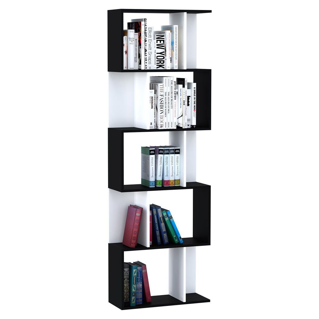 Bibliothèque à 5 niveaux, meuble de rangement en forme de S avec étagères, étagère de rangement pour salon, chambre bureau, 60 x 24 x 184,5 cm, noir, blanc-0