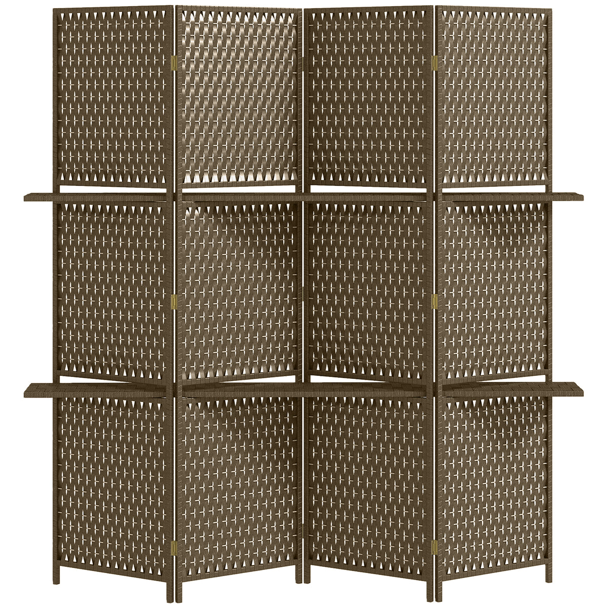 Paravent intérieur séparateur de pièce 4 panneaux 2 étagères bois de pin tressée fibres de papier 181 x 180 cm marron-0