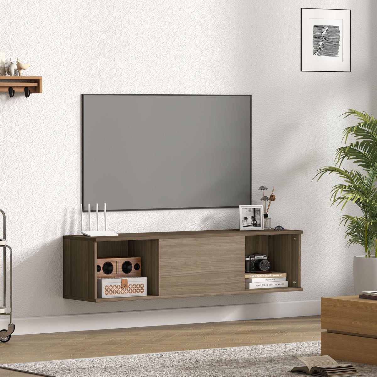 Meuble TV suspendu, Armoire murale avec 2 compartiments ouverts et porte rabattable, 120 x 30 x 29,5 cm, marron-9
