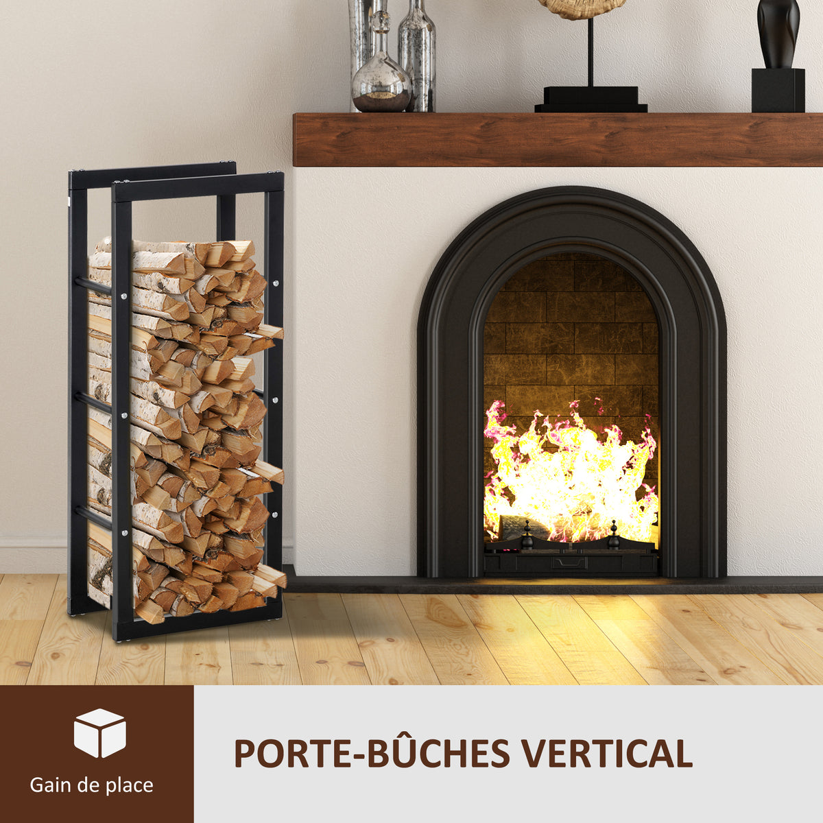 Range bûches Etagère porte bois de cheminée porte-bûches intérieur et extérieur charge max. 100 Kg dim. 40L x 25l x 100H cm métal noir-3