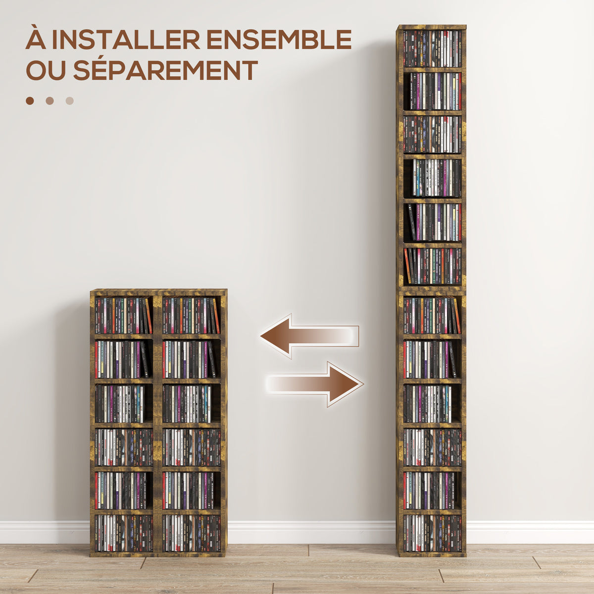 Lot de 2 étagères colonnes armoire de rangement CD 12 compartiments 21 x 22,5 x 88,5 cm capacité 204 CD brun rustique-4