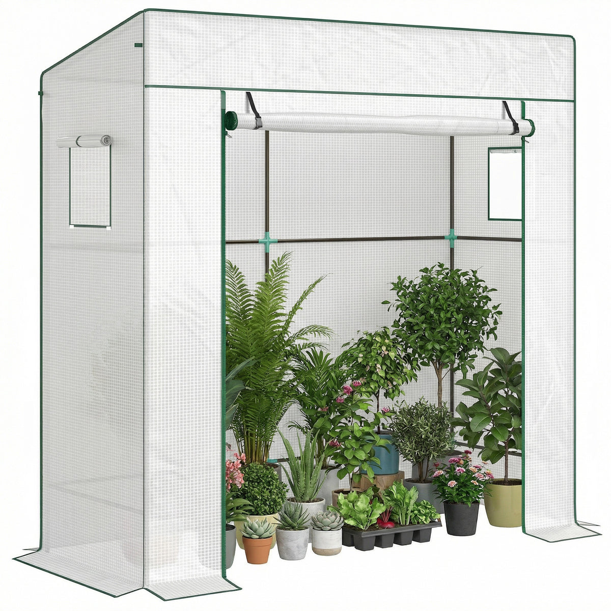 Serre de jardin murale adossée avec 1 porte enroulable, bâche PE renforcée, 2 fenêtres, dim. 196L x 77l x 197/178H cm-8