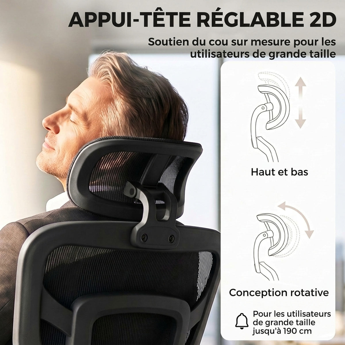 Chaise Bureau Ergonomique Inclinable en Maille, Support Lombaire, Appui-Tête 2D, Double Dossier Aéré, Noir-4