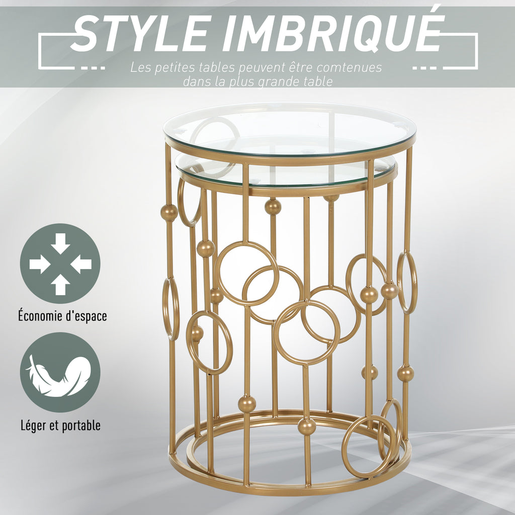 Tables gigognes Lot de 2 Tables Basses Rondes Design Style Art déco Ø 41 et Ø 36 cm métal doré Verre trempé 5 mm-4