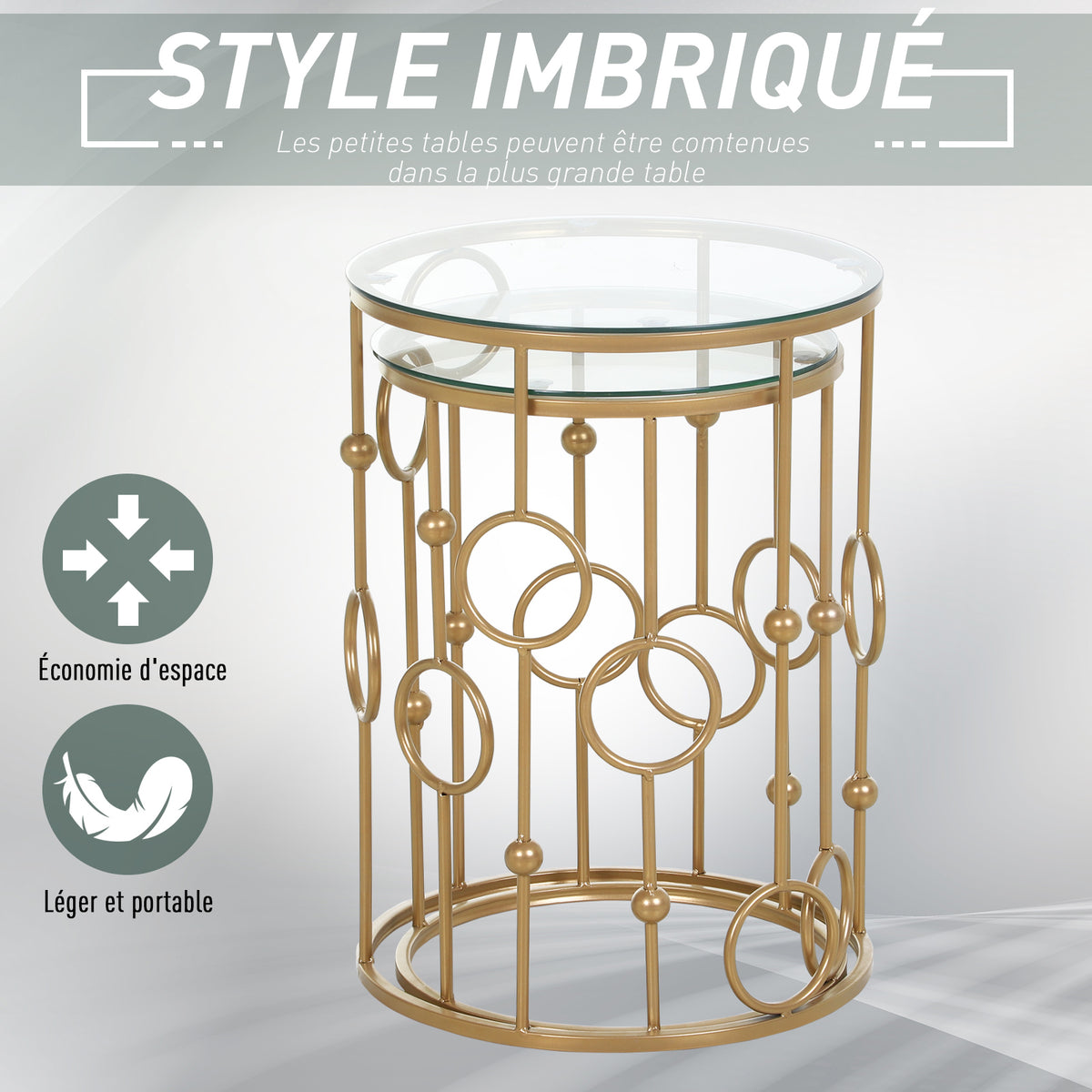 Tables gigognes Lot de 2 Tables Basses Rondes Design Style Art déco Ø 41 et Ø 36 cm métal doré Verre trempé 5 mm-4
