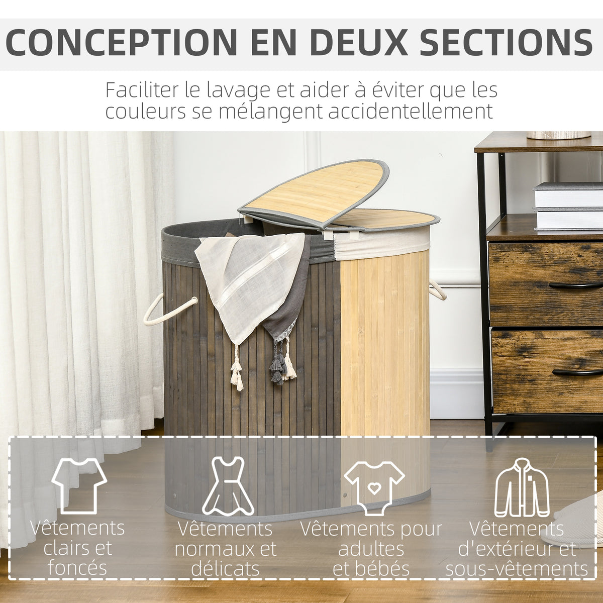 Panier à linge en bambou 100L avec 2 sections couvercle et sac amovible 62,5 x 37 x 60,5 cm - gris-5
