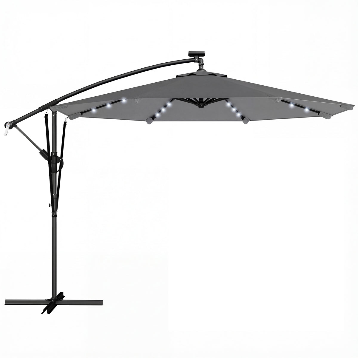 Parasol Déporté Parasol de Jardin LED Solaire 32 Lampes LED Manivelle UV 50+ et Housse de Protection Ø 295cm Gris-0