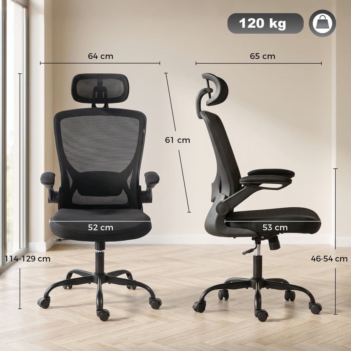 Chaise Bureau Ergonomique, Fauteuil de Bureau en Maille avec Soutien Lombaire et Appui-Tête Réglables, 64x65x129cm, Noir-2