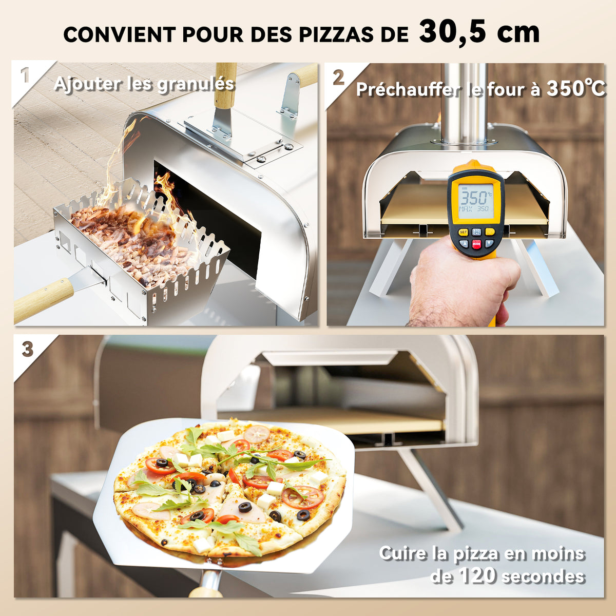 Four à pizza extérieur portable à bois ou à pellet avec pierre à pizza pieds pliables cheminée acier inoxydable argenté-3