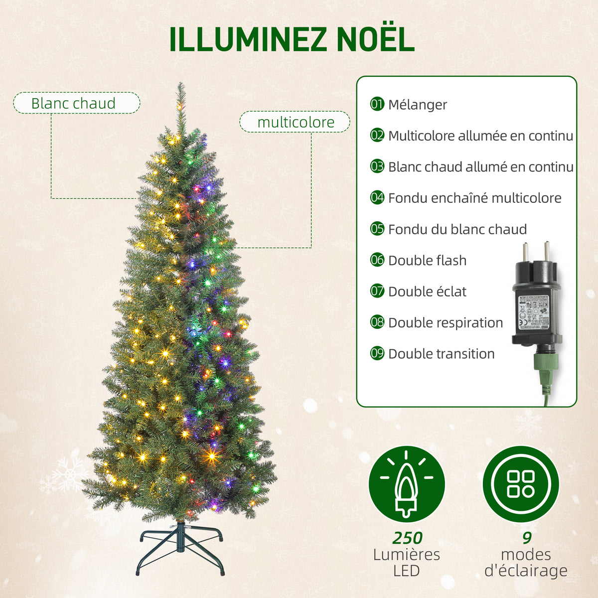 Sapin de Noël artificiel 180 cm, arbre de Noël fin avec 250 lumières, 899 pointes, support en métal pliable, vert-4